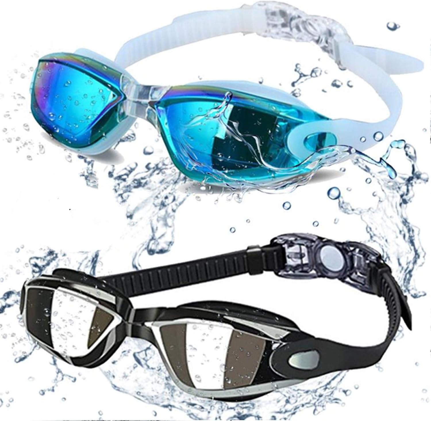Showcases the product's waterproof design and color options to appeal to swimmers and water sports enthusiasts. Displays two different color variants of the swimming goggles to give customers choice…