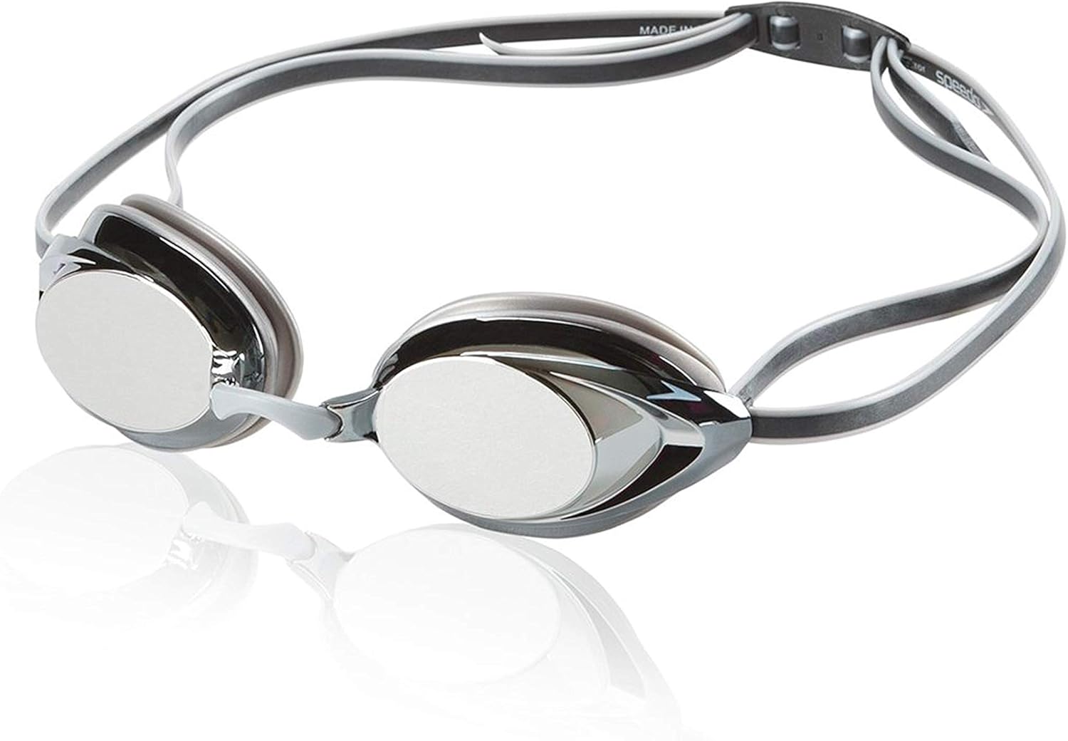 Showcases the sleek design and mirrored lenses of the swimming goggles, highlighting their professional appearance.