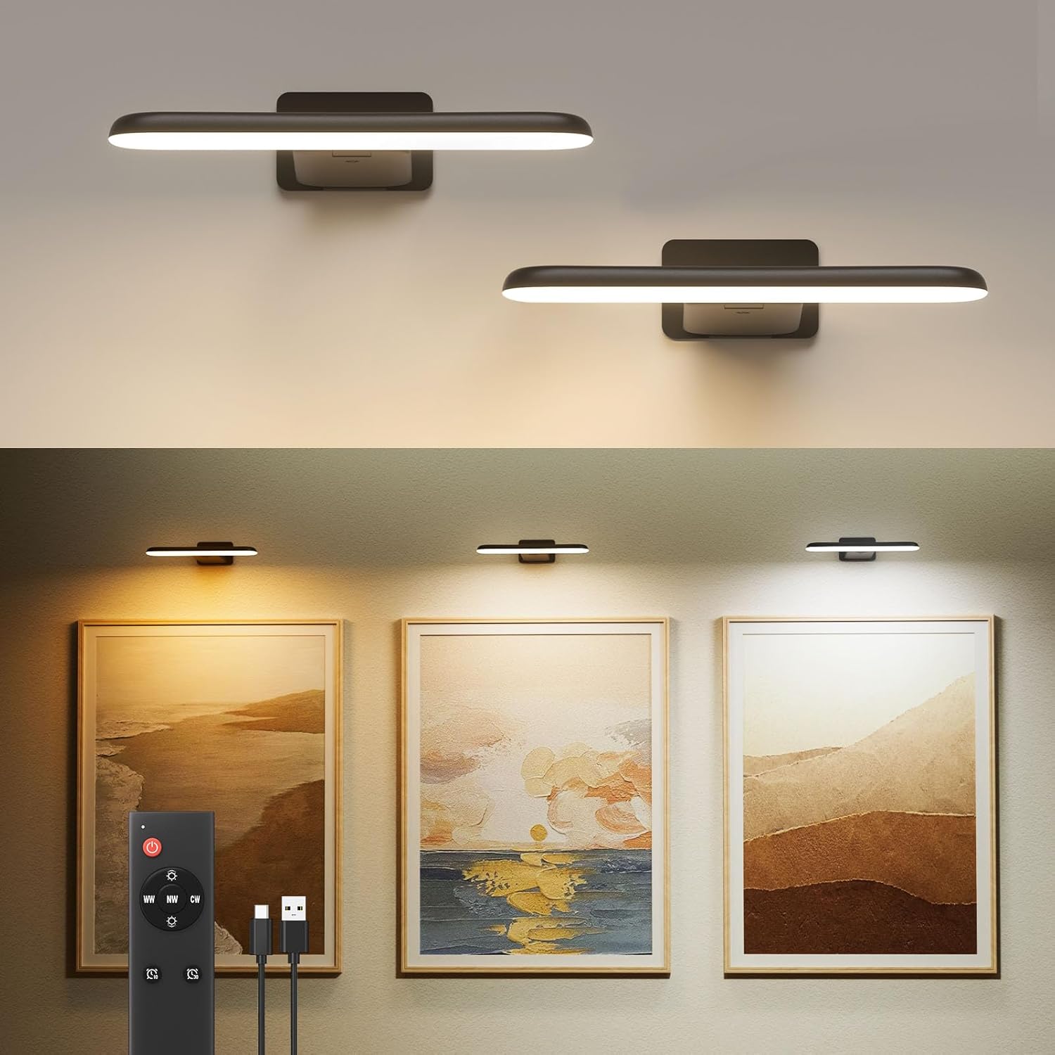 Showcases the product's versatile lighting options and ability to install multiple units for customized illumination. Demonstrates how the lights enhance artwork and create ambiance in a home setting.