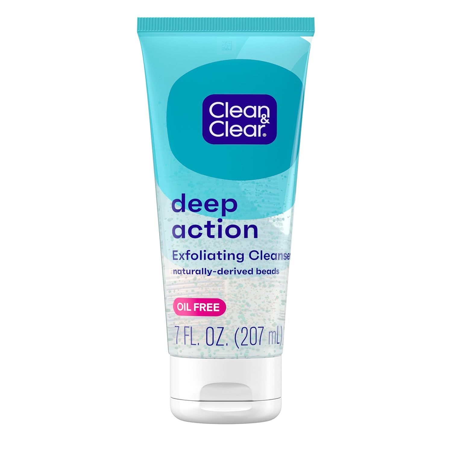 Showcases the product's packaging and key features to inform shoppers about its exfoliating properties and oil-free formula.