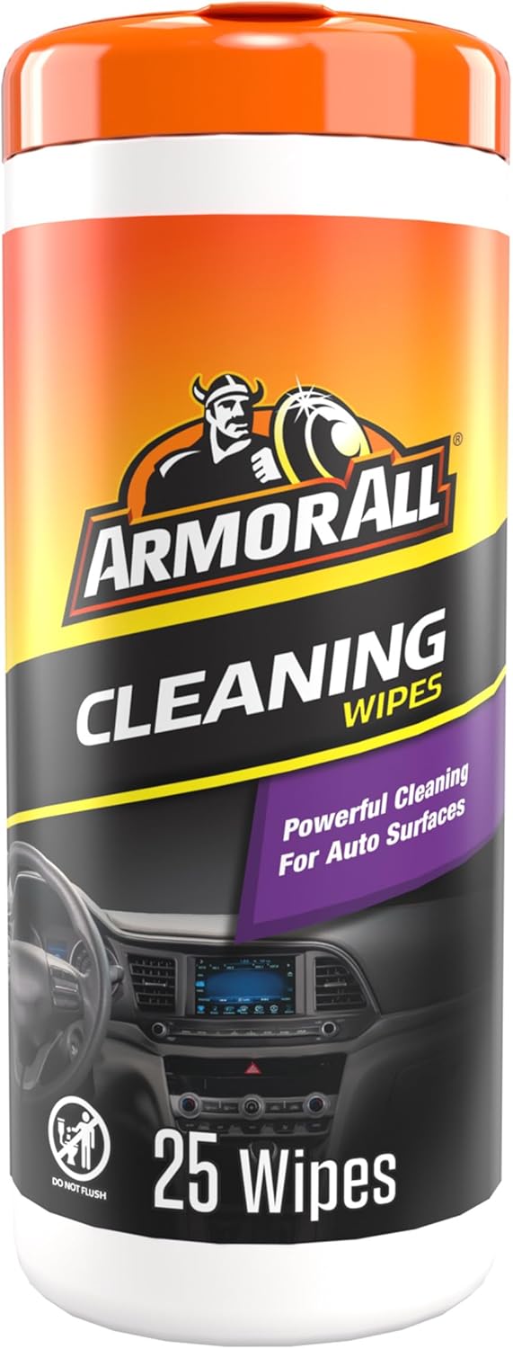 Showcases the product packaging to clearly identify the item as Armor All cleaning wipes for auto surfaces.