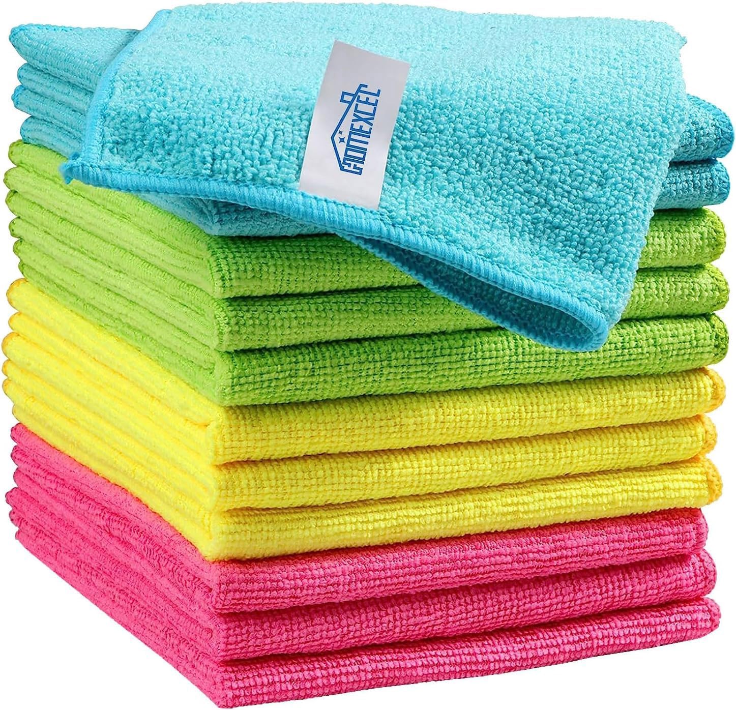 Showcases the product's vibrant color options and stacked presentation to highlight quantity and versatility. Displays the range of color options available for the microfiber cloths, appealing to…