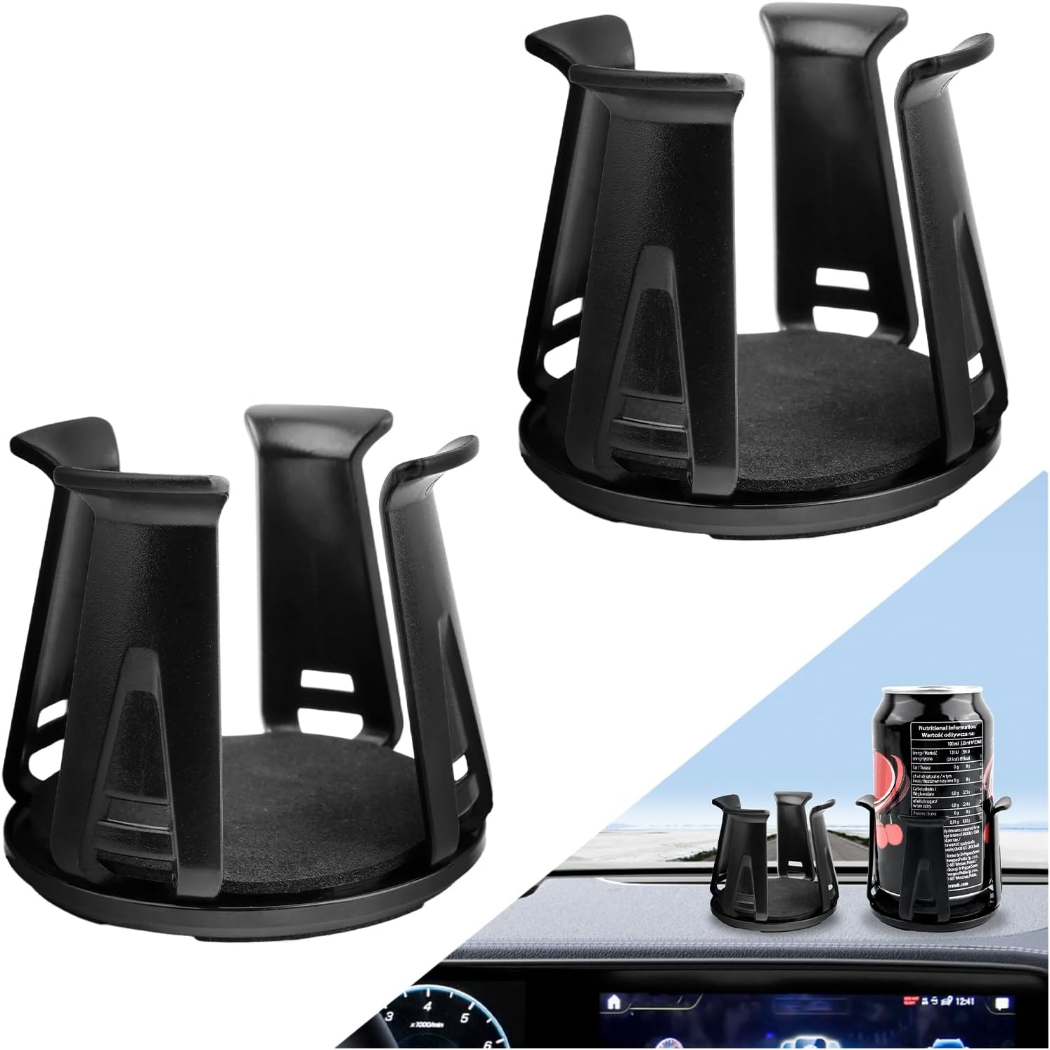 Showcases the design and functionality of the car cup holder product. Displays multiple units of the same product to show quantity or potential uses.