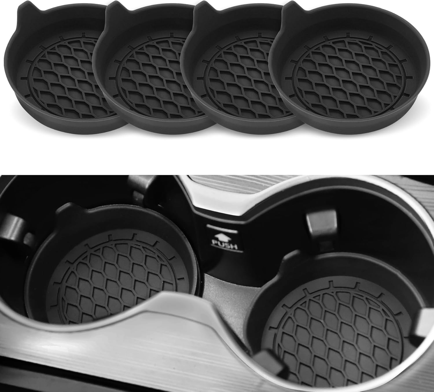 Showcases the product's design and quantity to demonstrate its functionality as car cup holder inserts. Illustrates that the product comes as a set of four identical coasters, emphasizing value for…