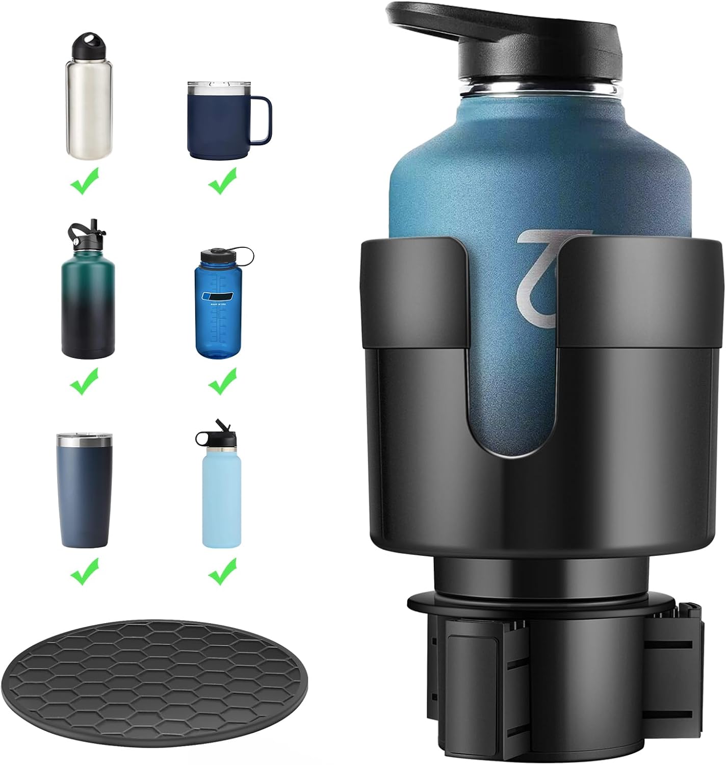 Showcases the product's versatility in holding various types of bottles and cups. Demonstrates the range of container types that can fit in the cup holder.