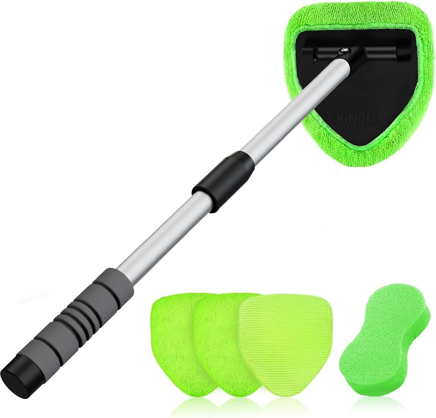 Showcases the complete cleaning tool set including the extendable handle and multiple microfiber pads. Displays all components of the cleaning set to show versatility and value for money.