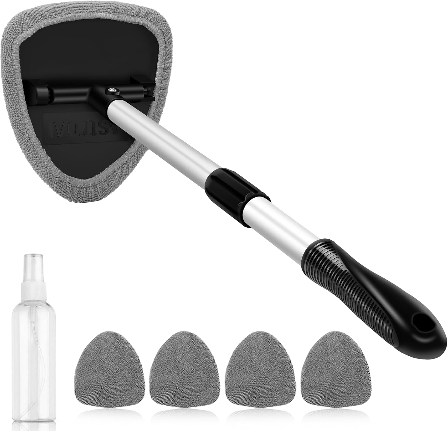 Showcases the complete windshield cleaning tool set, including the main cleaning wand, microfiber pads, and cleaning solution. Displays all the included components of the windshield cleaning kit,…