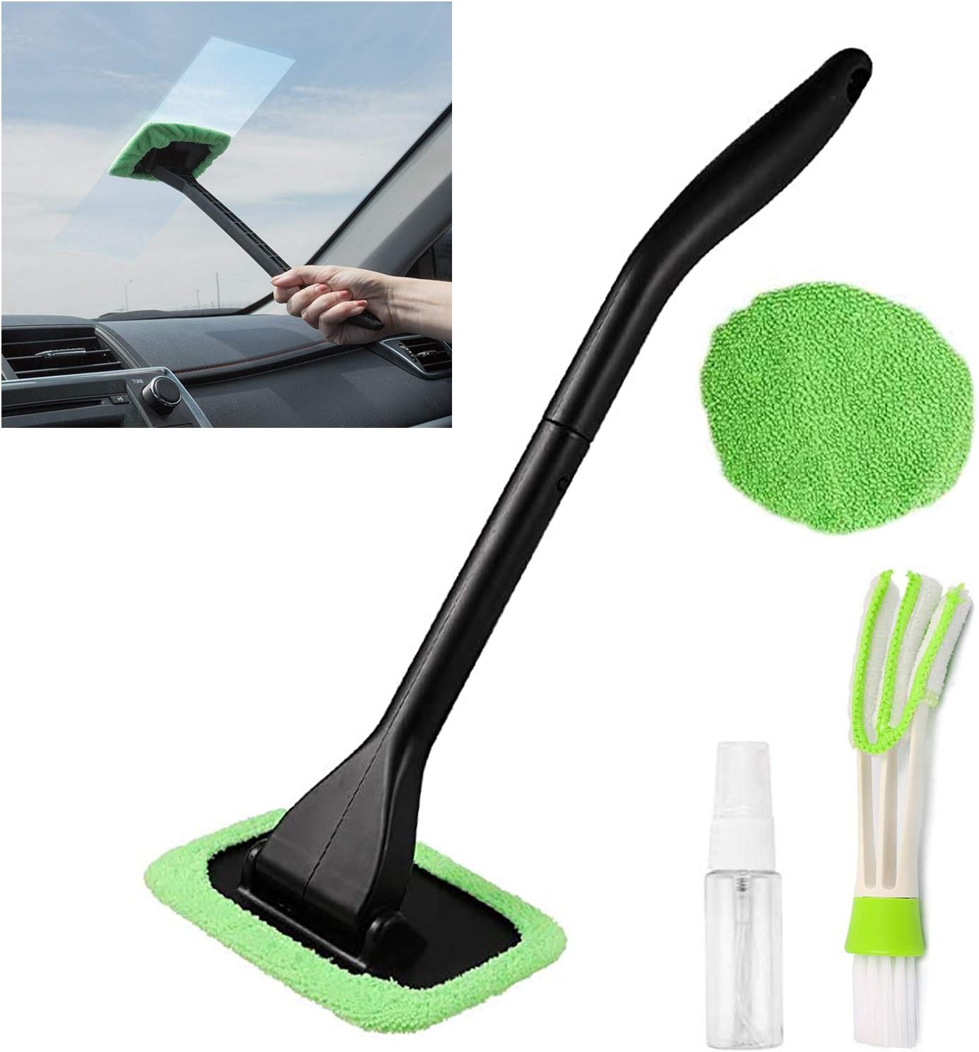 Showcases the main product and its components for easy windshield cleaning. Displays all included items to demonstrate the complete cleaning kit.