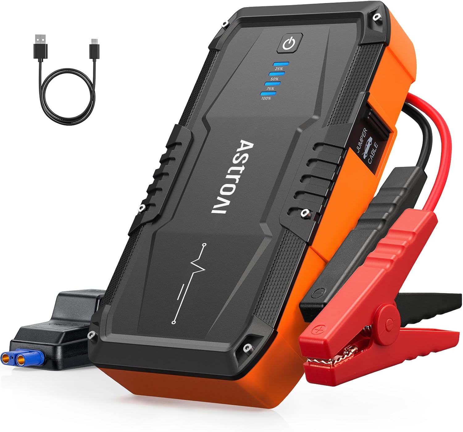 Showcases the main product - a portable jump starter and battery pack - highlighting its rugged design and key features. Displays the included accessories to show the complete package customers will…