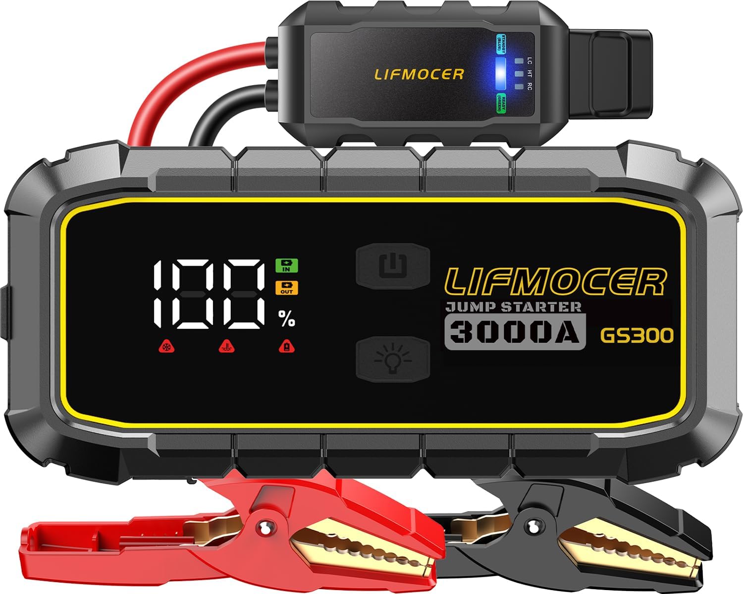 Showcases the main product features and specifications to inform potential buyers about its capabilities as a jump starter and battery charger.