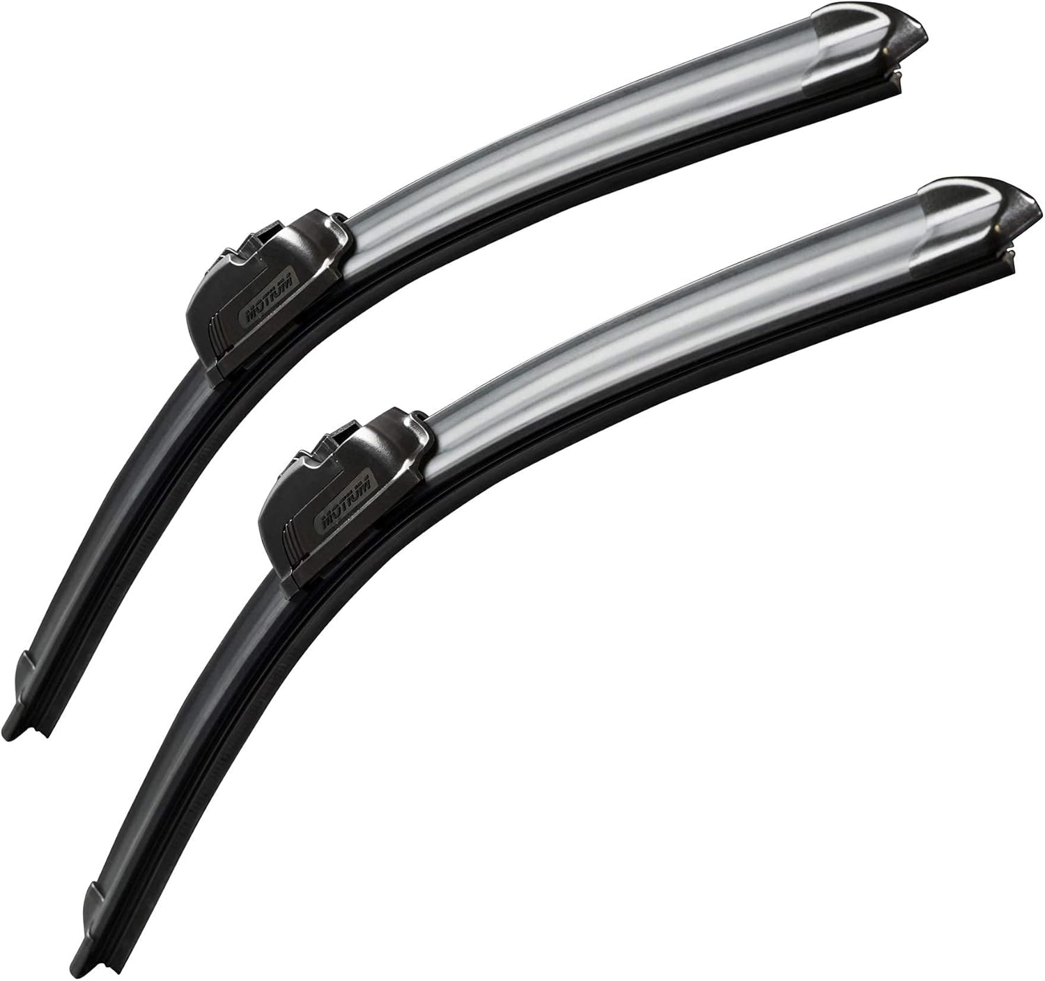 Showcases the product's sleek design and quality construction to demonstrate its effectiveness as a windshield wiper. Displays two different sizes of the same windshield wiper model to show…