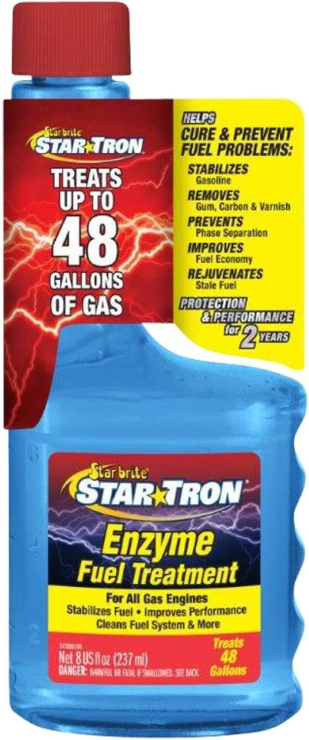 Showcases the product bottle and highlights its key features and benefits for treating fuel. Uses bright colors and text overlays to emphasize the product's capabilities and treatment capacity.