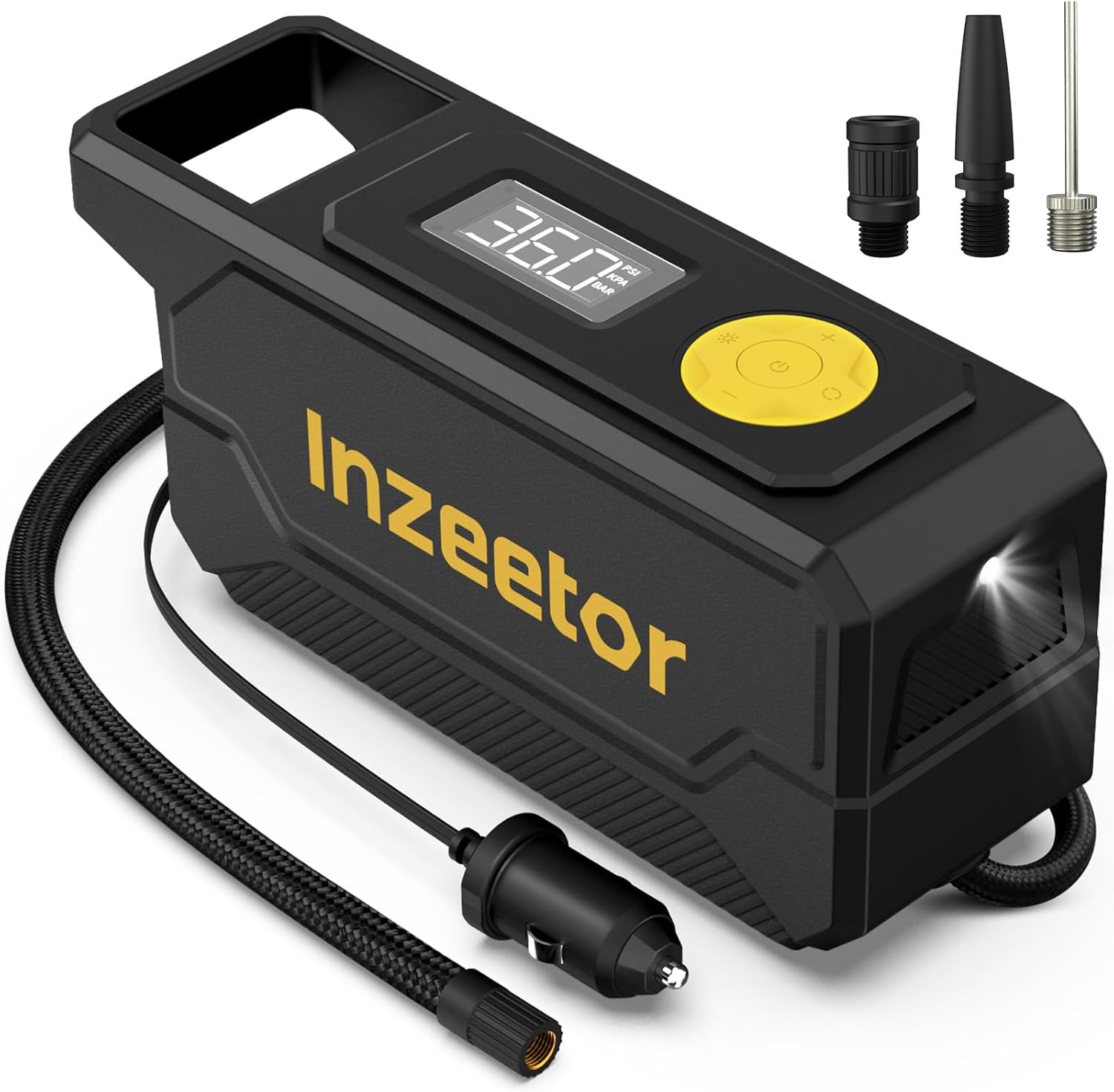 Showcases the main product, a portable air compressor, with its digital display and controls clearly visible. Displays the additional nozzle attachments that come with the air compressor, indicating…