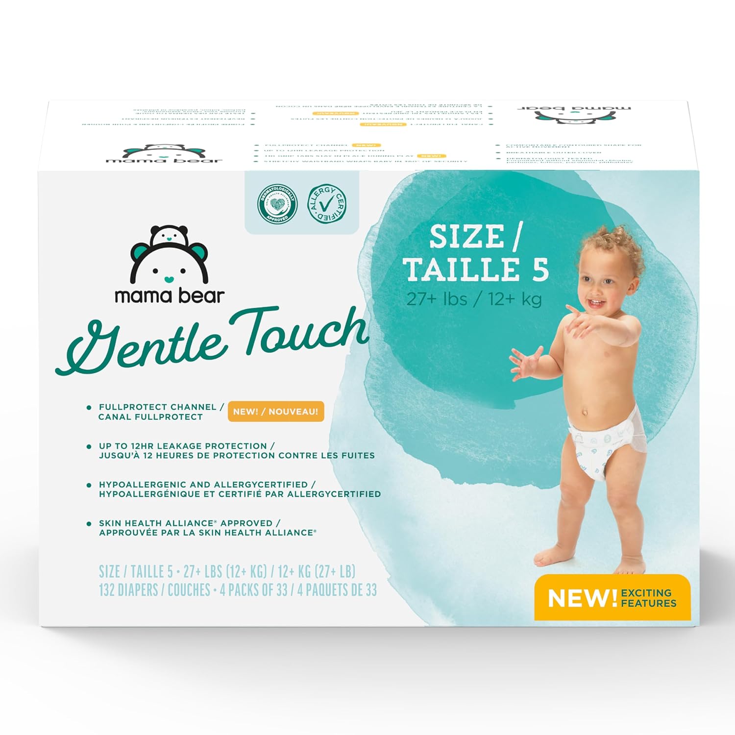 Showcases the product packaging and highlights key features of the diapers, including size and weight range.