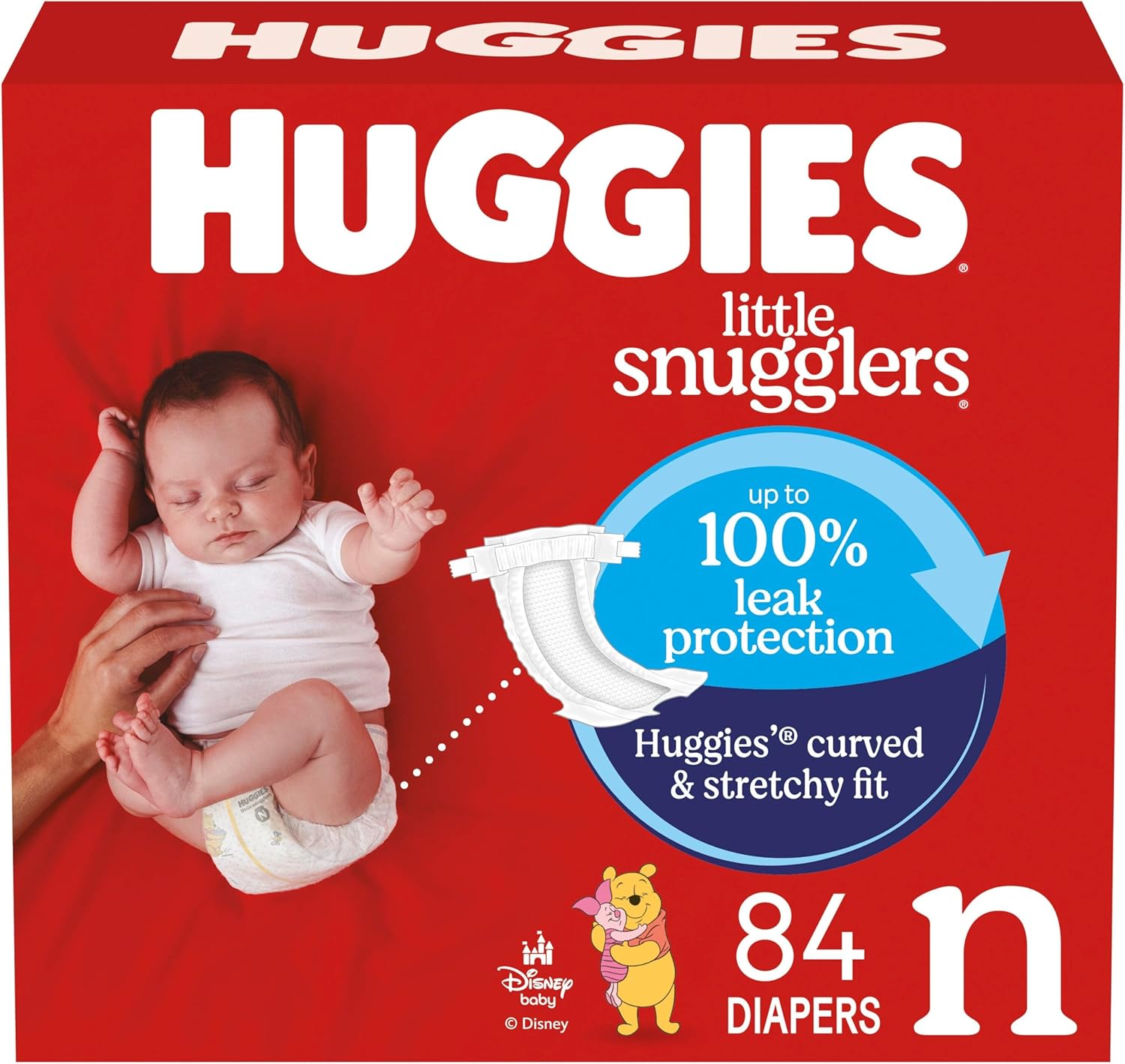 Showcases the product packaging while highlighting key features like leak protection and comfortable fit to reassure parents about the diaper's effectiveness.