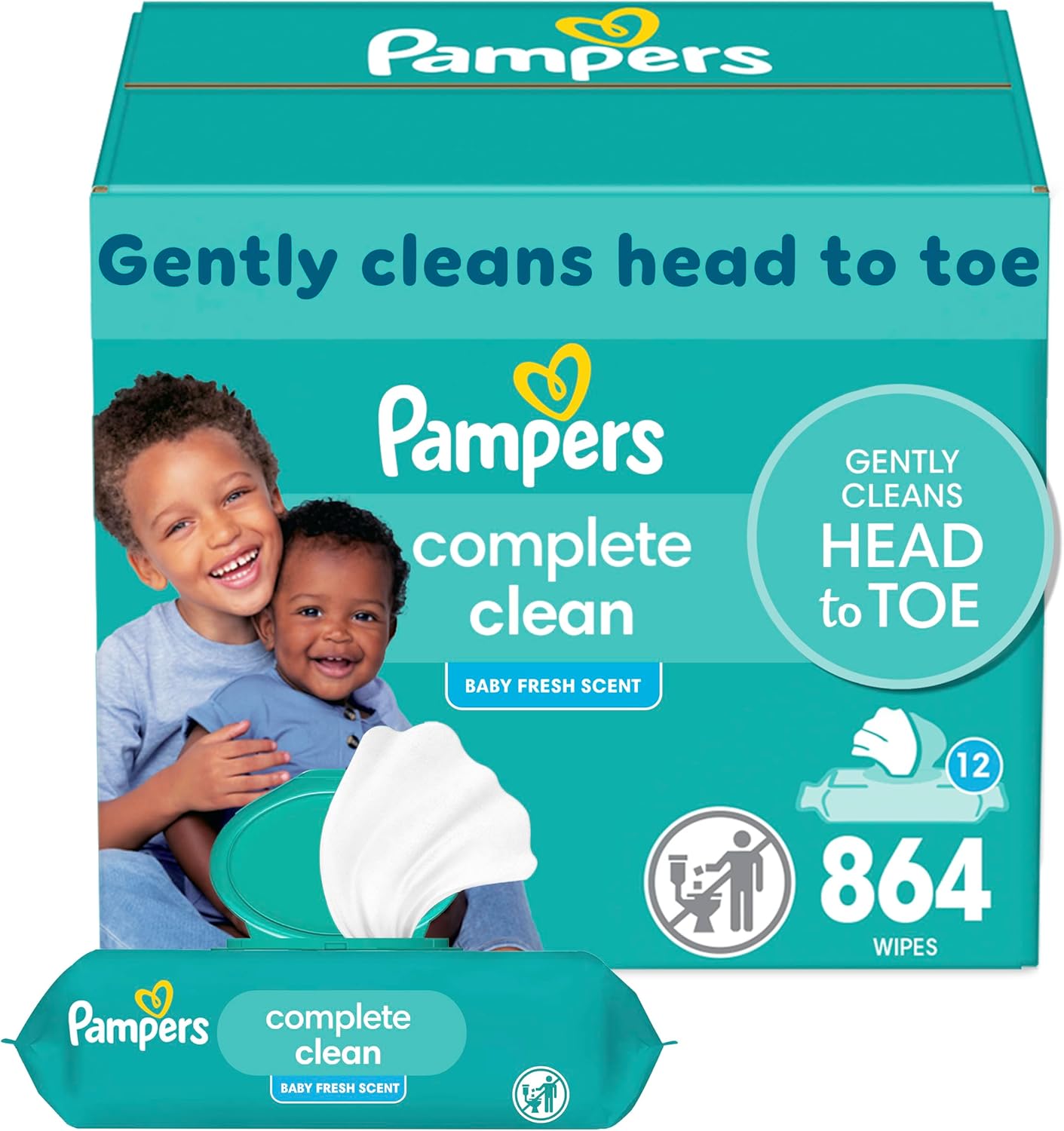 Showcases the product packaging and highlights key features like gentle cleaning and fresh scent to appeal to parents seeking safe, effective baby wipes.