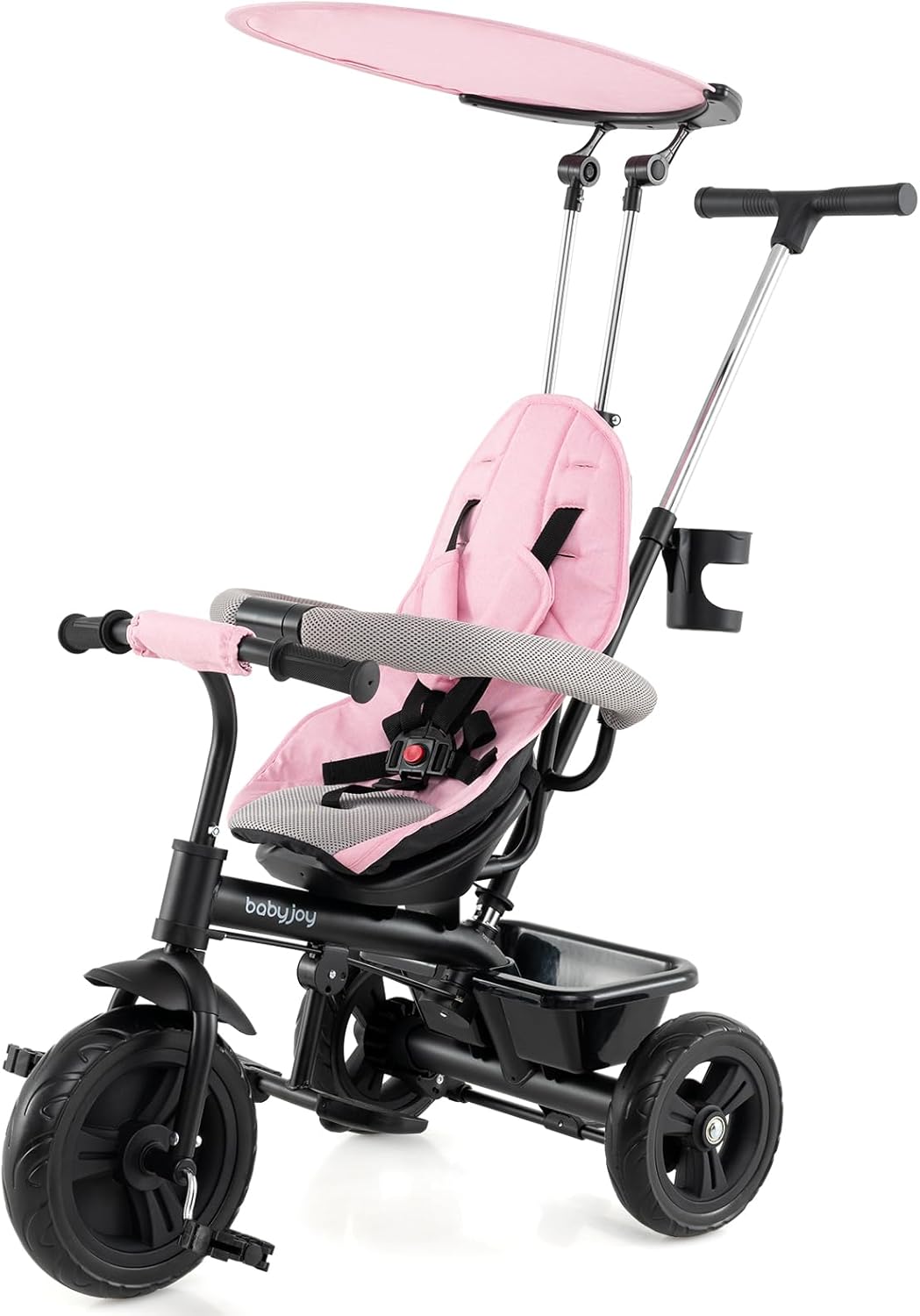 Showcases the full product design, highlighting the tricycle's features including the adjustable canopy and parent push handle.