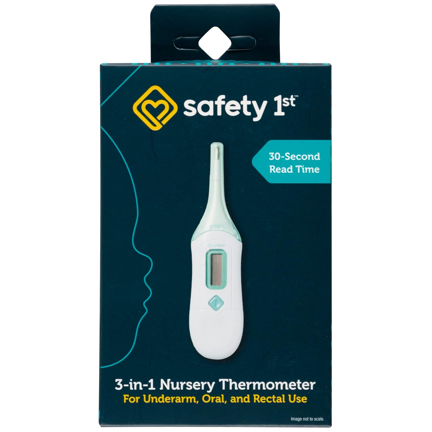 Shows the retail packaging to communicate the product's features and brand identity. Displays the actual product (thermometer) to give shoppers a clear view of what they're purchasing.