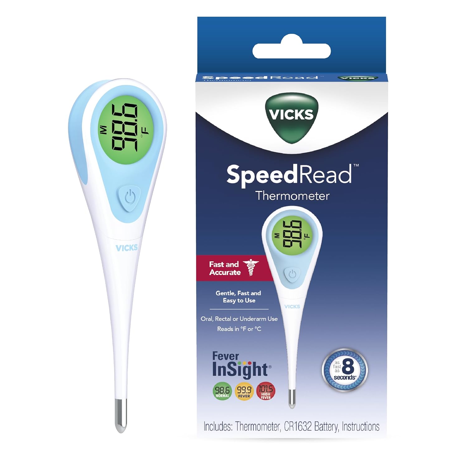 Showcases the Vicks SpeedRead Thermometer product and its packaging to clearly display what the customer will receive. Displays the product alongside its retail packaging to communicate brand…