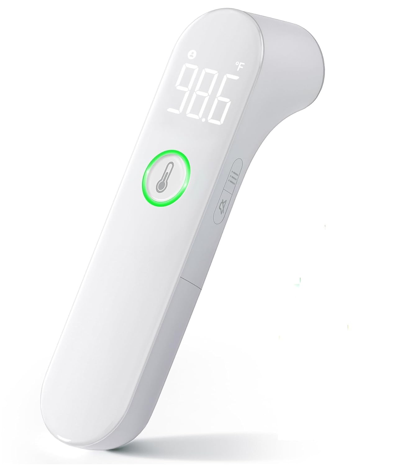 Showcases the sleek design and clear digital display of the thermometer, emphasizing its modern and easy-to-read features.