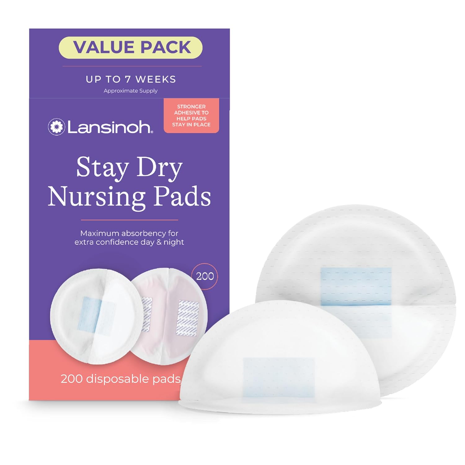 Showcases the product packaging and individual nursing pads to highlight the value pack offering and product features. Displays both the product packaging and the actual nursing pads to give…