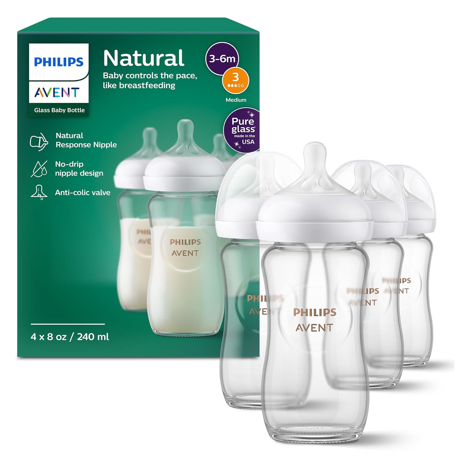 Showcases the product packaging and included bottles to highlight key features and contents of the set. Displays the complete set of glass baby bottles and nipples included in the package to show…