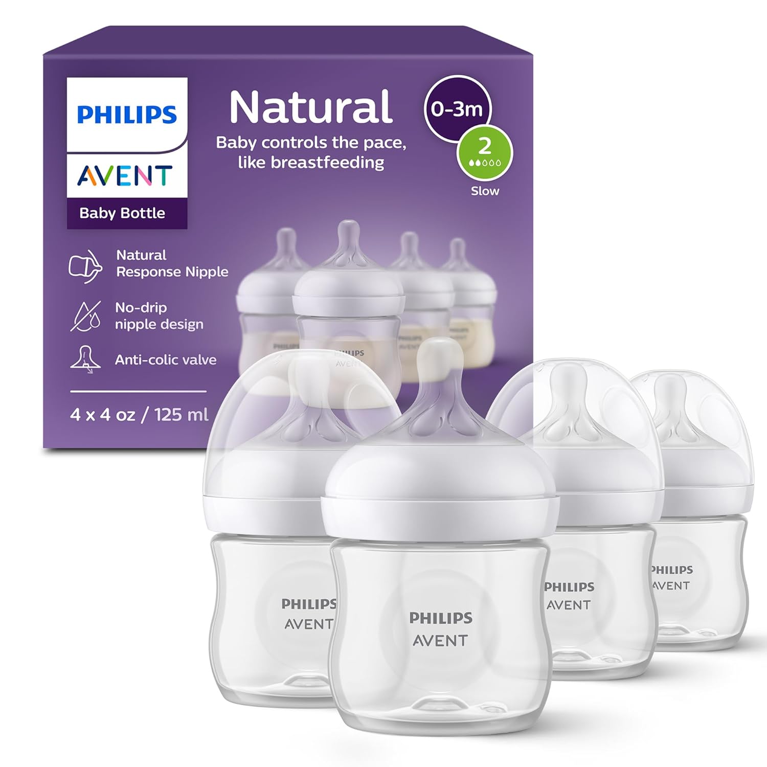 Showcases the product packaging and highlights key features of the baby bottles to inform potential buyers about the product's benefits.