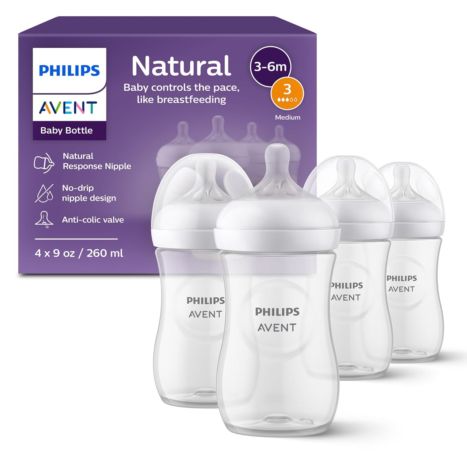 Showcases the product's key features and design to highlight its similarity to breastfeeding and ease of use for babies. Displays the complete set of bottles included in the package, giving…