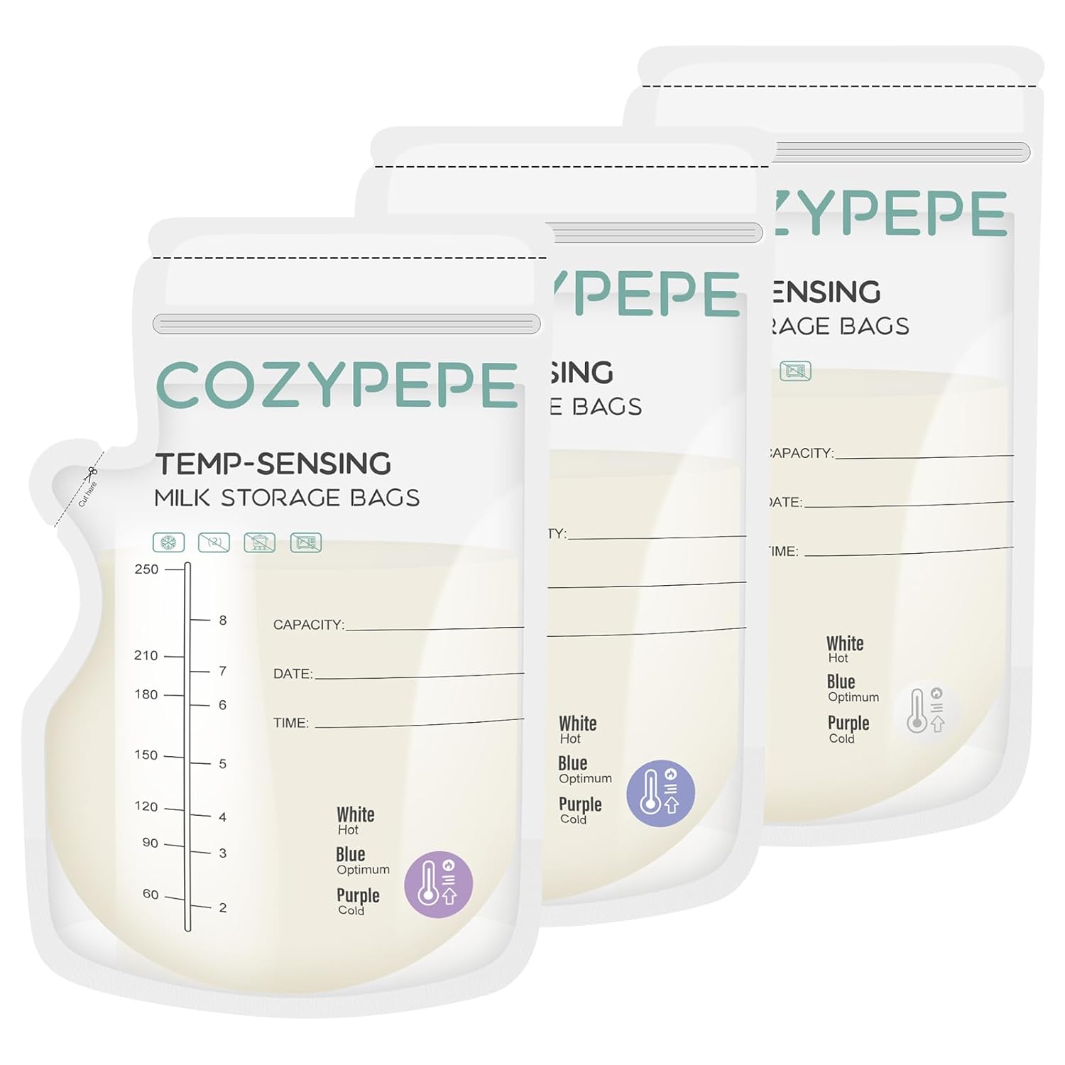 Showcases the product's temperature-sensing feature and storage capacity for breast milk. Displays different size options of the milk storage bags to cater to various storage needs.