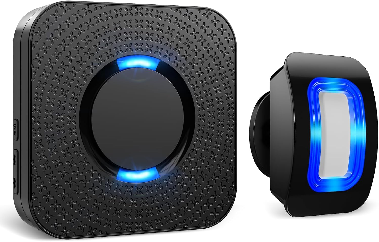 Shows the complete doorbell system with receiver and button to demonstrate the product's components and functionality. Highlights the blue LED lighting on both units to emphasize the modern design…