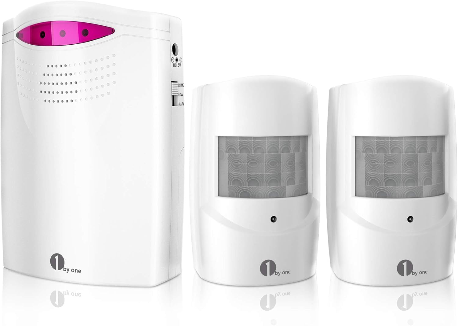 Showcases the complete home security system with main unit and two sensors against a white background. Displays all components of the security system to show what's included in the purchase.