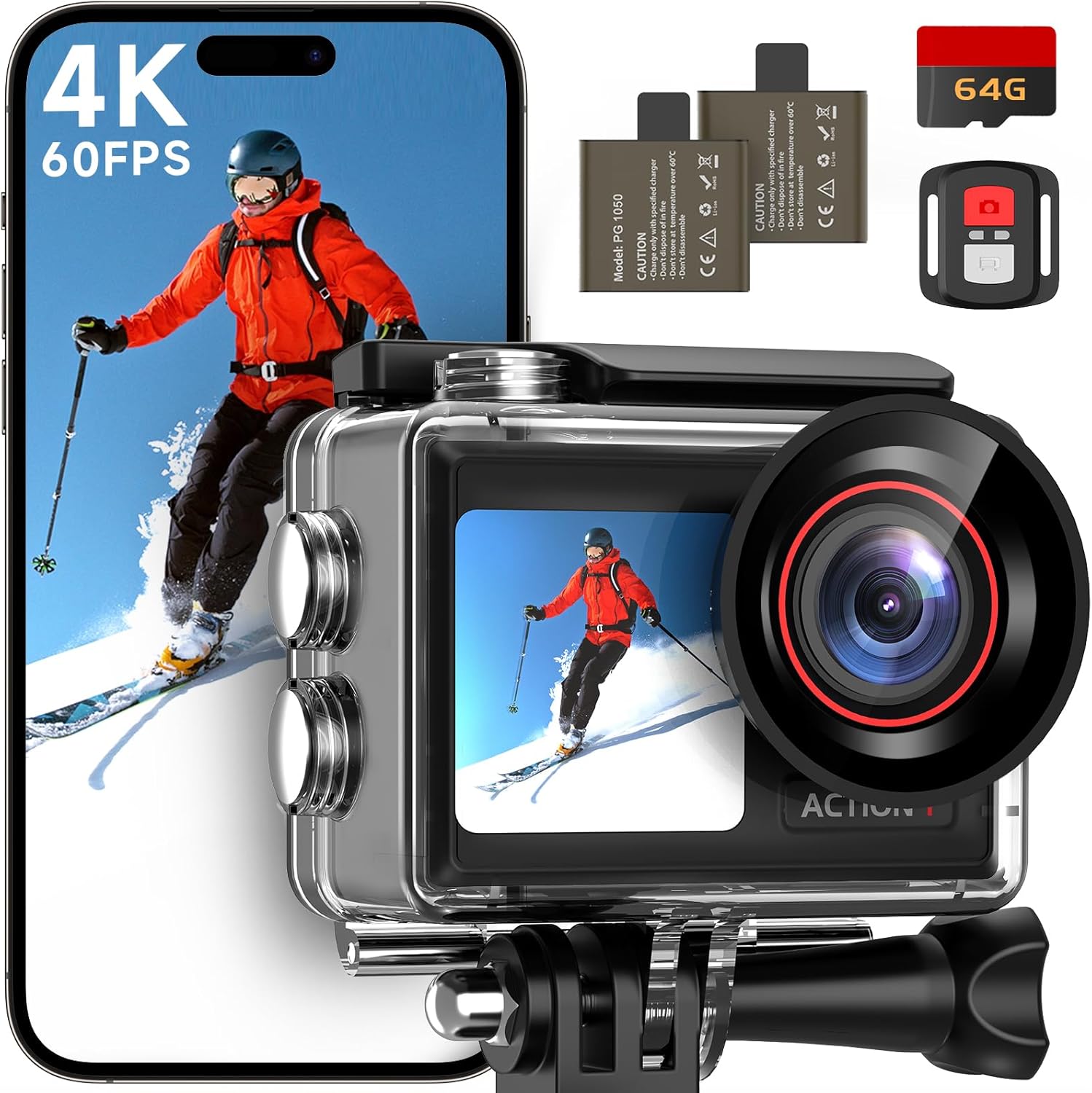 Showcases the action camera along with included accessories to highlight the complete package offered to potential buyers. Displays all components included in…