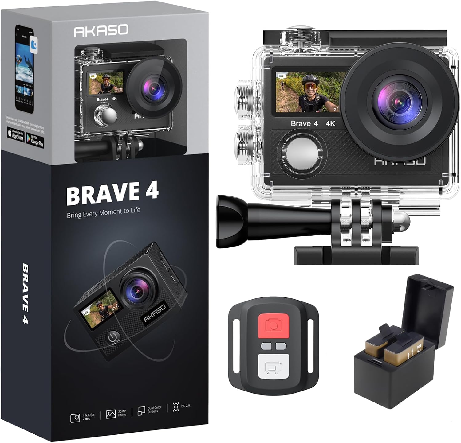 Shows the complete package contents including the camera, waterproof case, remote control, and battery charger to inform buyers of all included items. Displays the main product (Akaso Brave 4 action…