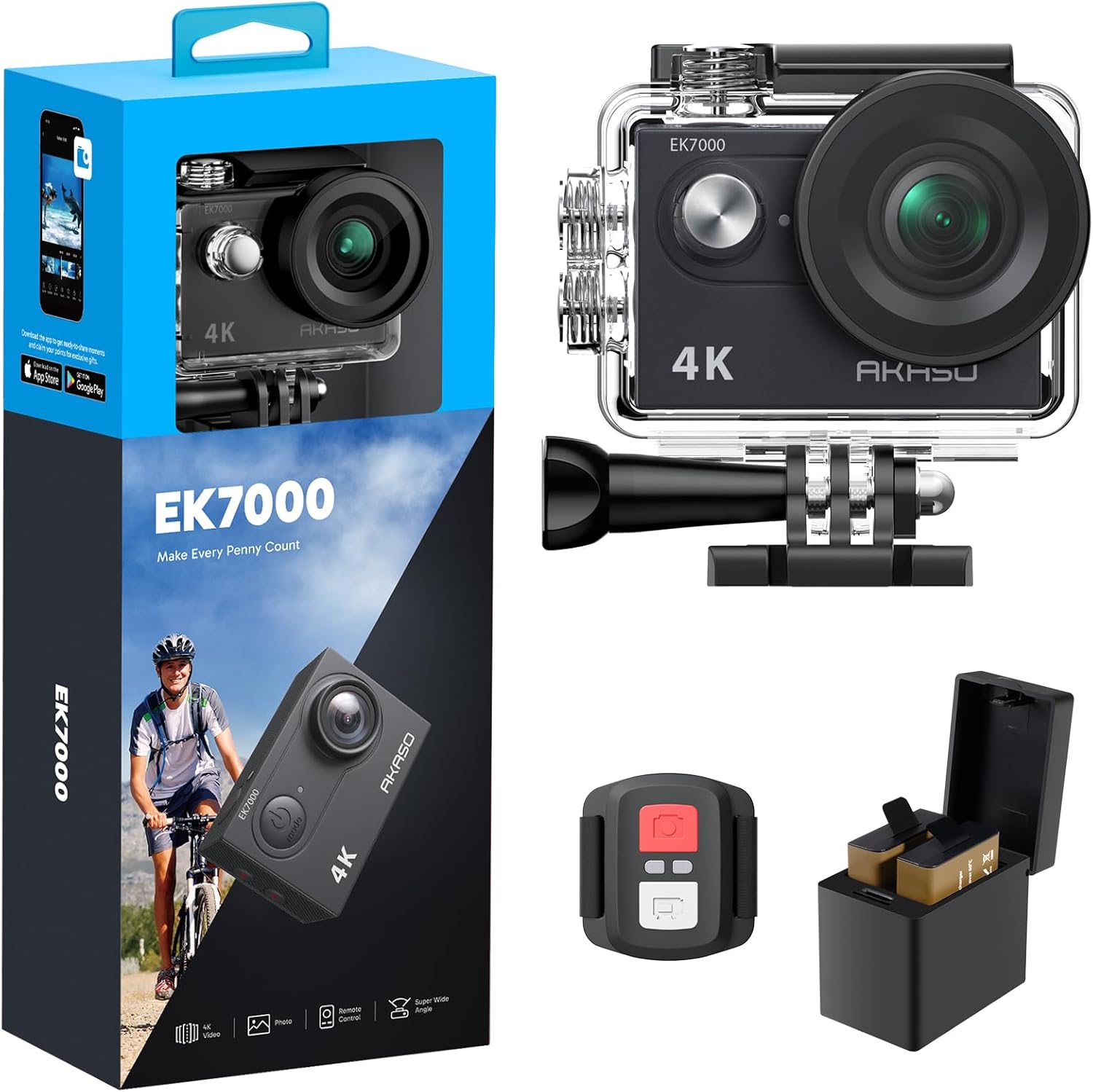 Shows all components included with the action camera, highlighting its versatility and readiness for use. Displays the product packaging to convey brand identity and retail readiness, while also…