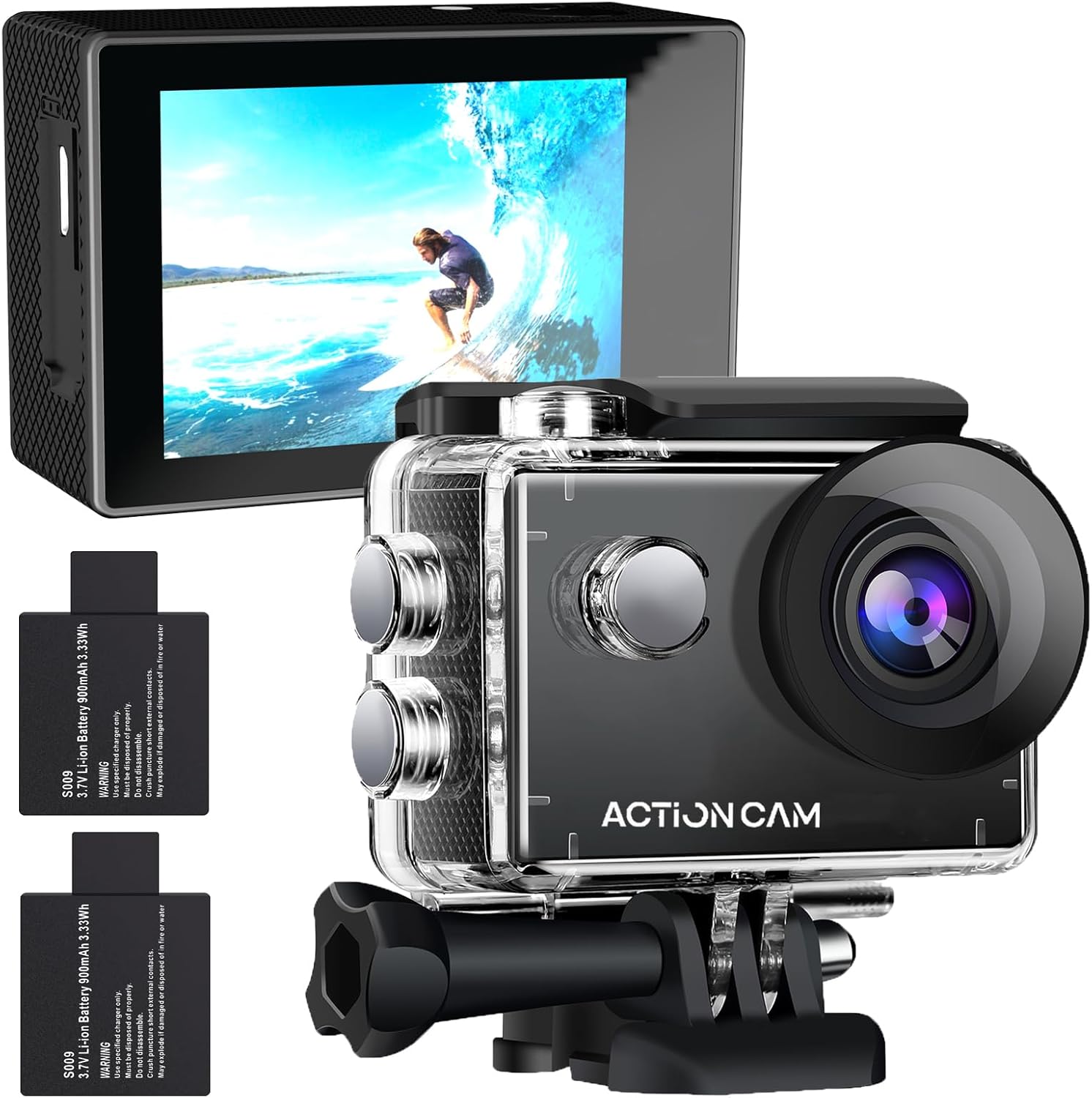 Showcases the main product (action camera) along with included accessories to demonstrate the complete package offered. Highlights all the components included…