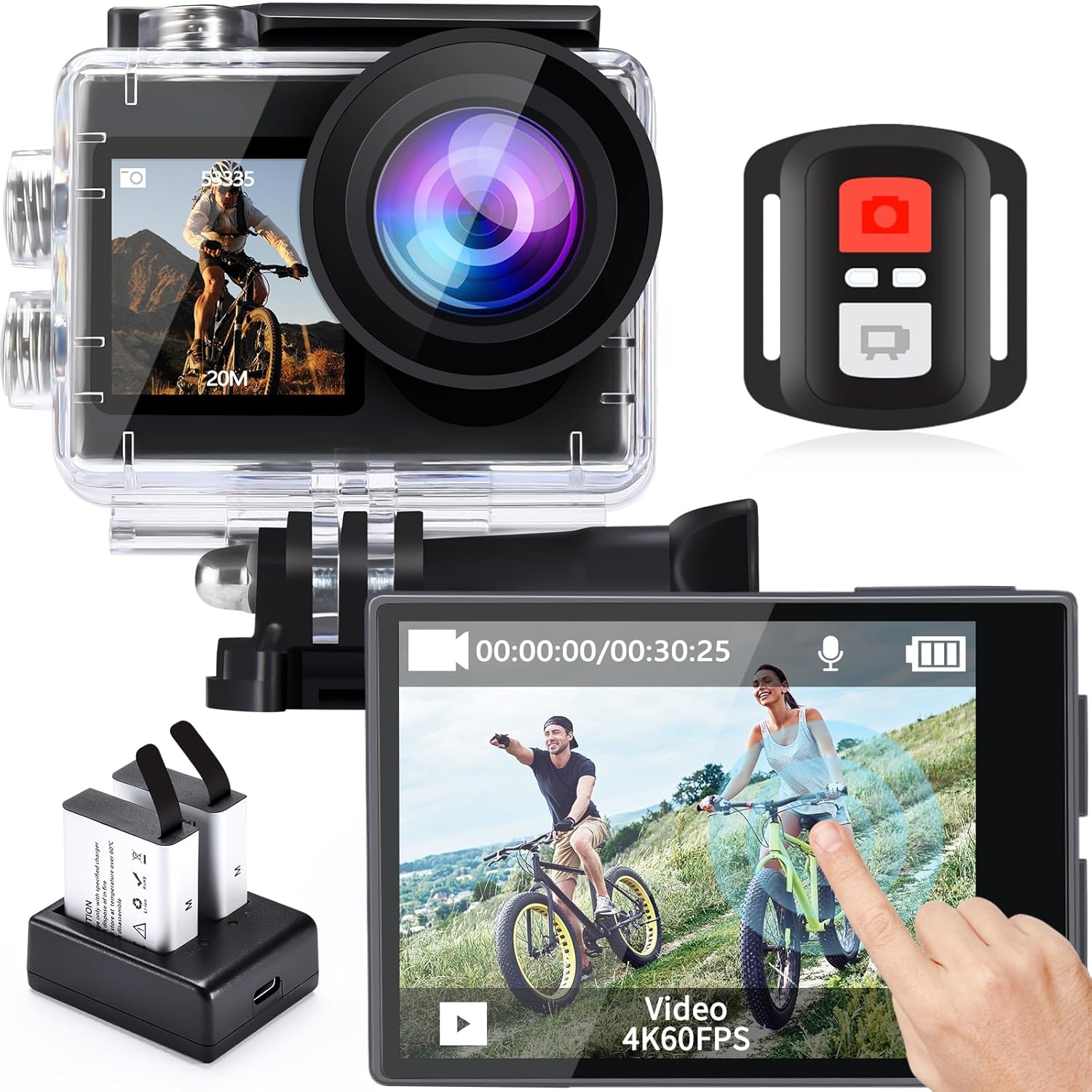 Showcases the main product (action camera) along with included accessories to demonstrate the complete package offered. Highlights the key components and…