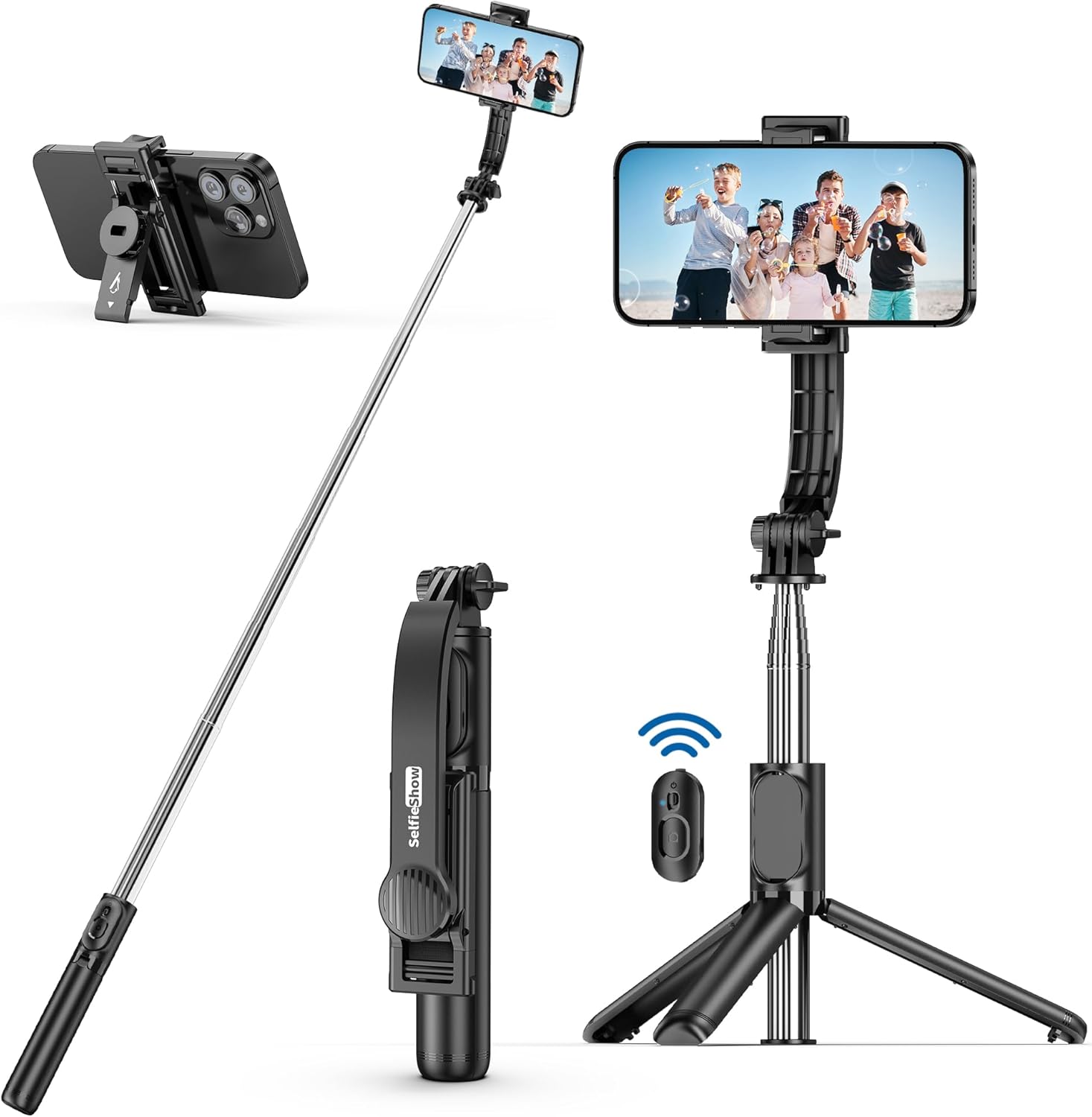 Showcases the versatility of the product as both a selfie stick and tripod for smartphones. Highlights the included accessories like the wireless remote and adjustable phone mount.
