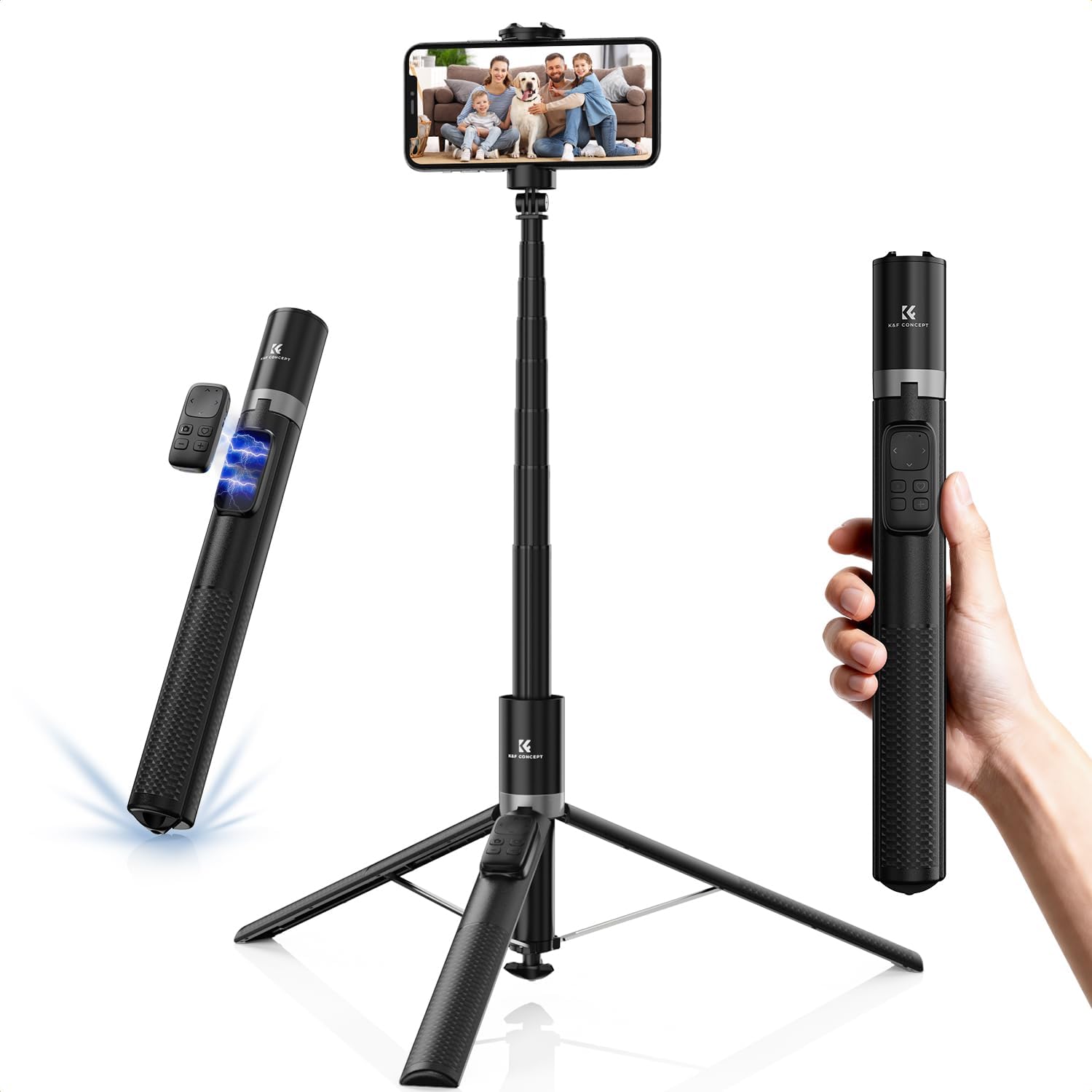 Showcases the product's versatility as both a selfie stick and tripod, highlighting its remote control feature for easy photo-taking. Displays all components of the product, including the extendable…