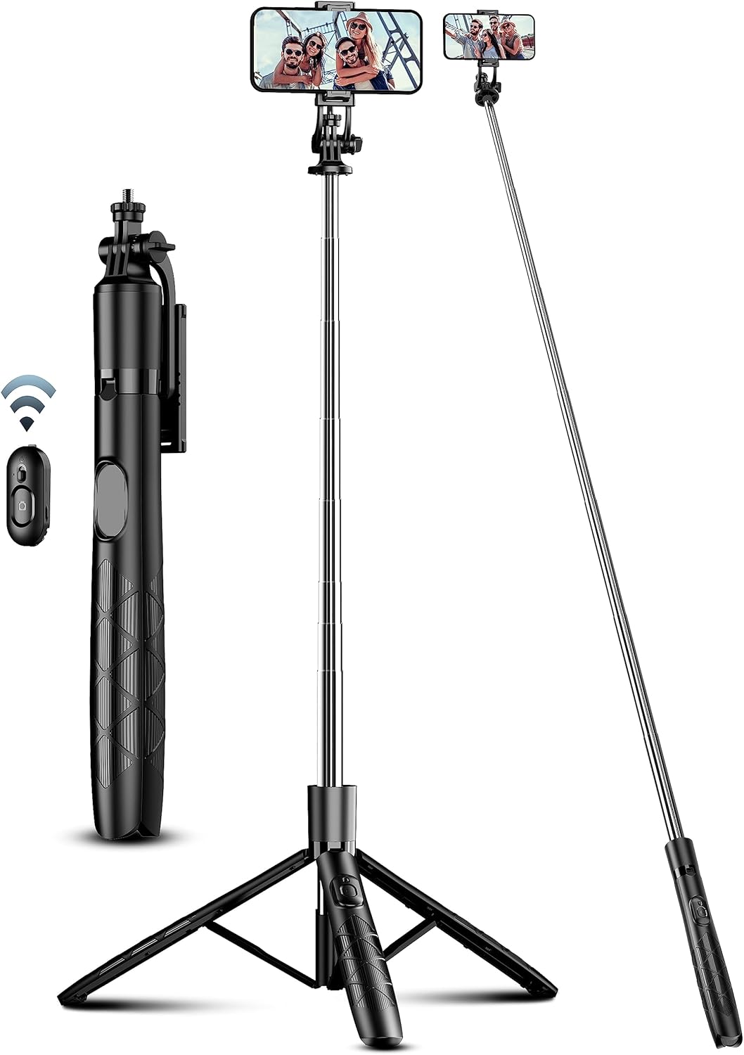 Showcases the product's versatility as both a selfie stick and tripod for smartphones. Highlights the included accessories like the wireless remote and adjustable phone holder.