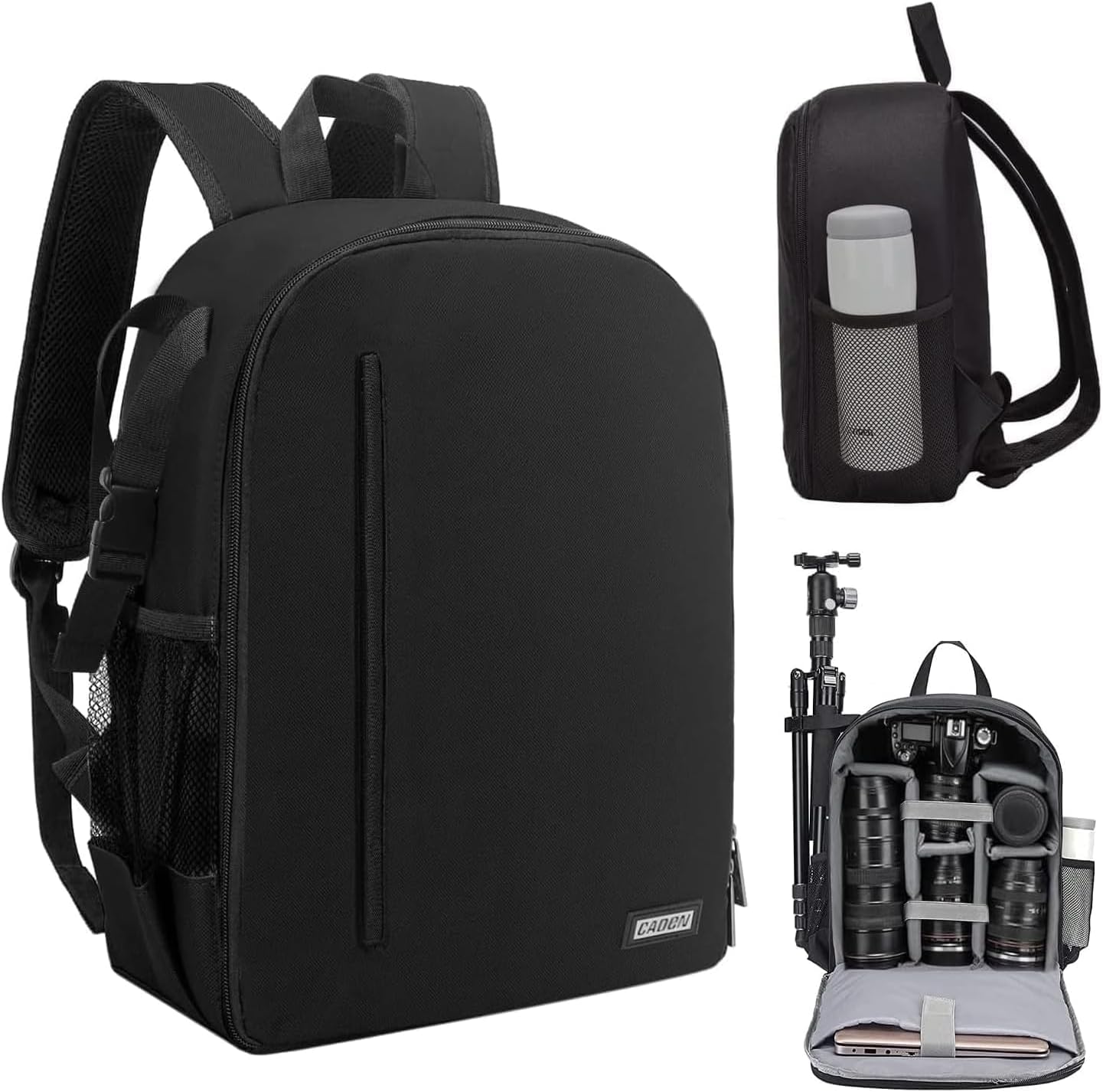 Showcases the product's design and storage capacity for camera equipment and accessories. Demonstrates the backpack's ability to organize and store various camera gear and accessories.