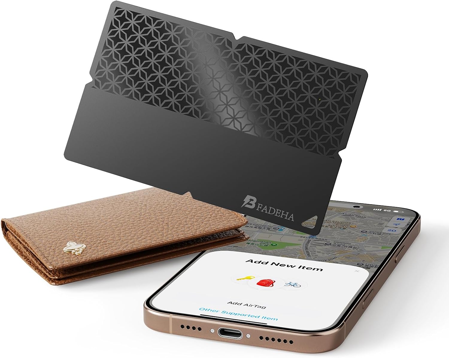 Showcases the sleek design of the tracking card and its compatibility with smartphones for easy item tracking. Demonstrates how the tracking card fits into a…