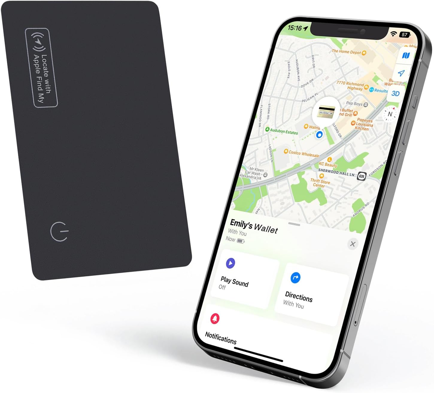 Demonstrates the product's ability to track items and integrate with a smartphone app for location monitoring. Shows the main tracking device alongside a…