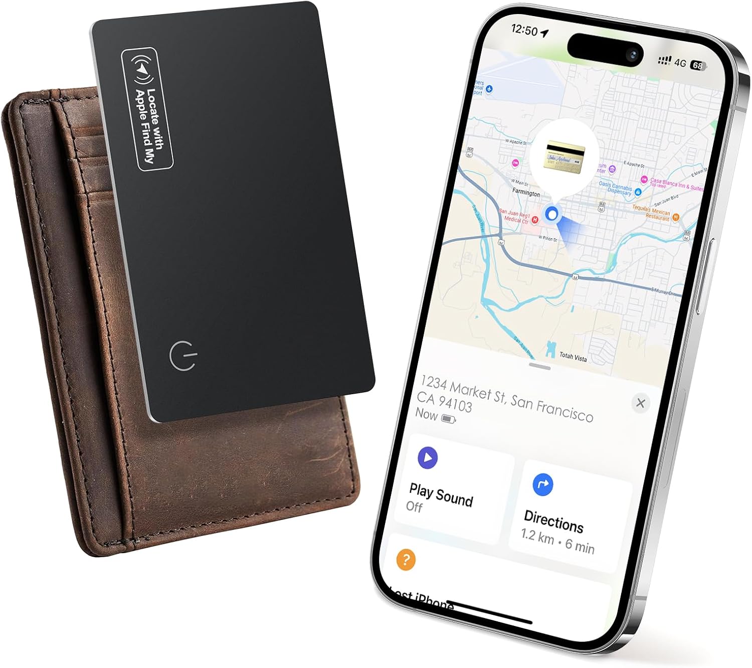 Demonstrates the product's ability to locate a wallet using a smartphone app, highlighting its tracking functionality. Shows all components of the tracking…