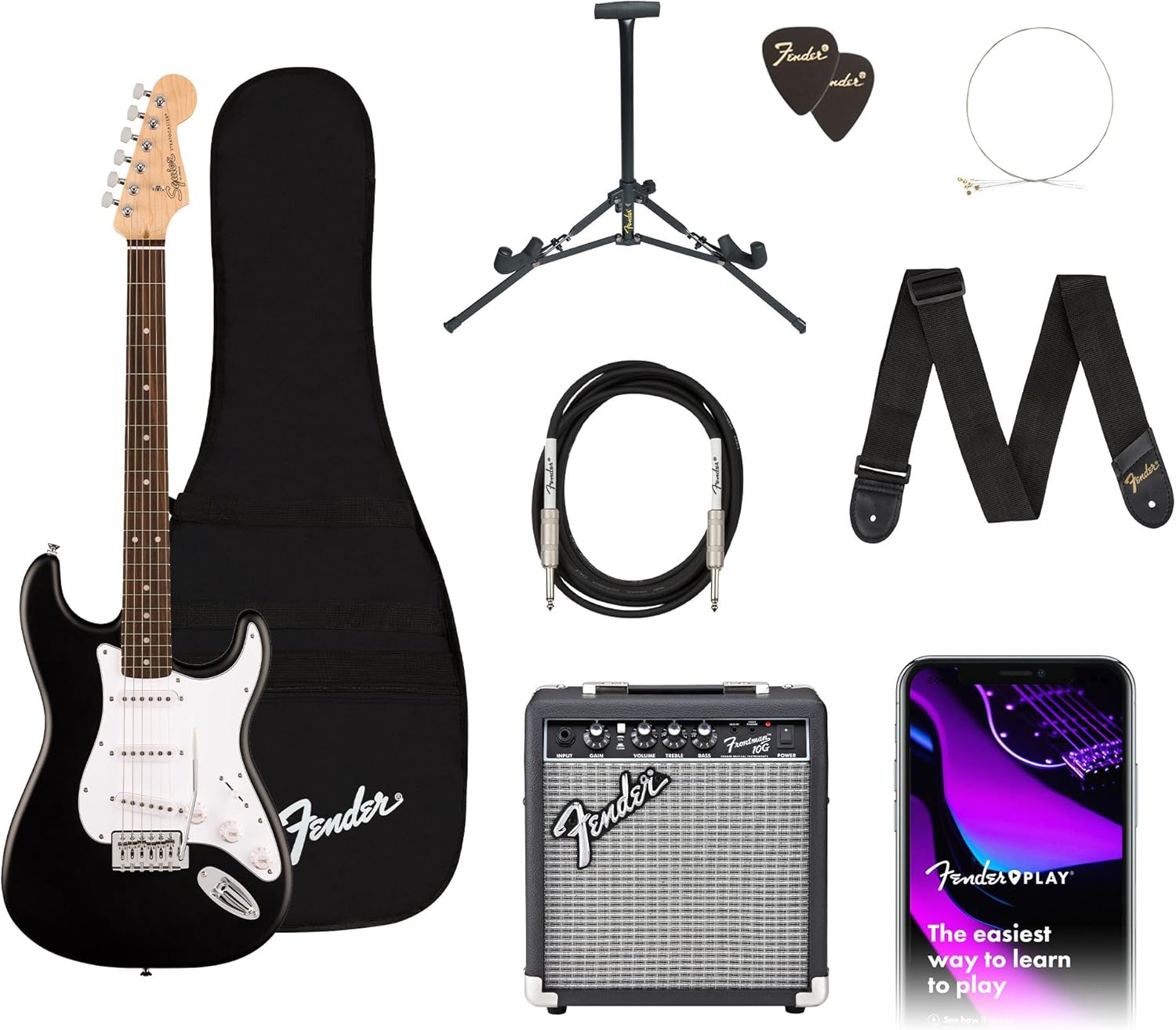 Showcases all components included in the guitar starter package, demonstrating value and completeness to potential buyers. Highlights the various accessories…