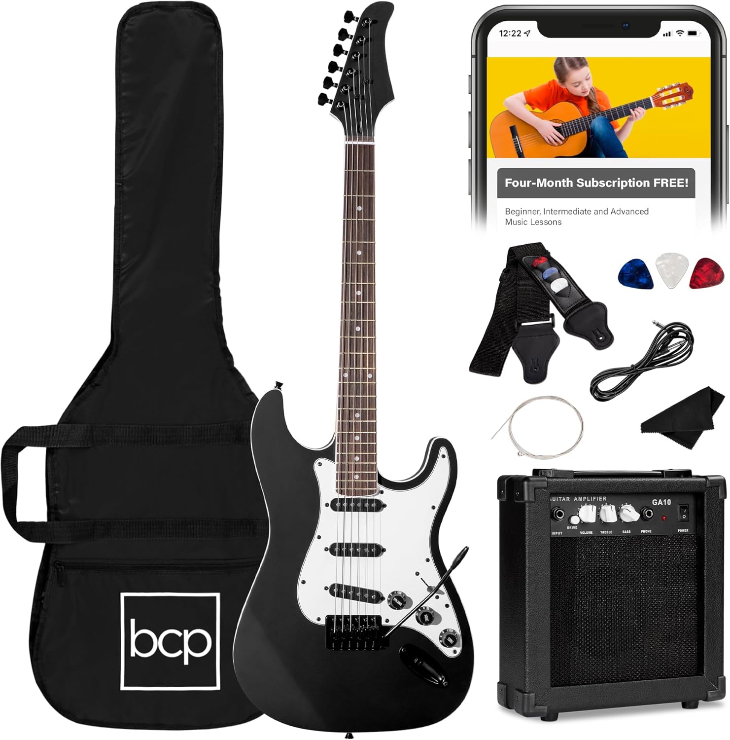 Showcases the complete electric guitar starter kit, including the guitar, amplifier, and accessories. Displays all the included accessories and components…