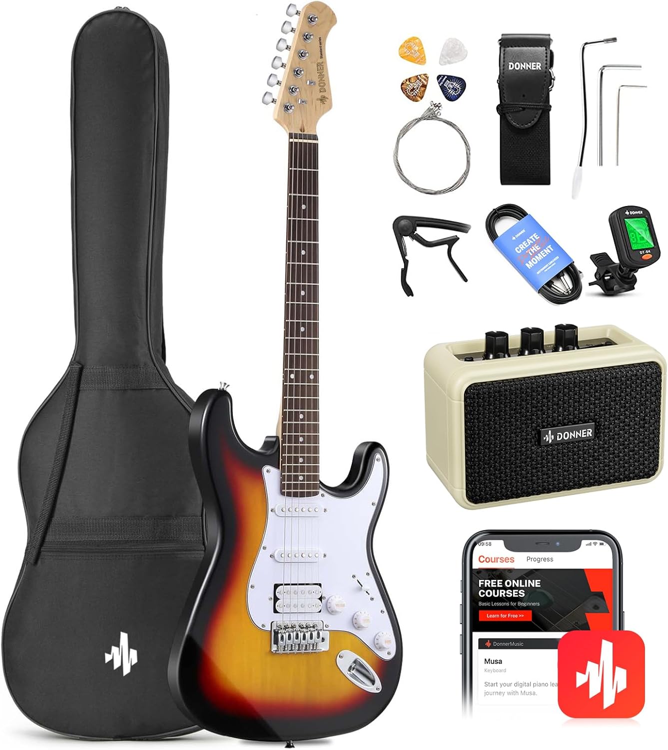 Main Images for Donner DST-100S 39 Inch Full Size Electric Guitar Kit Solid Body Sunburst