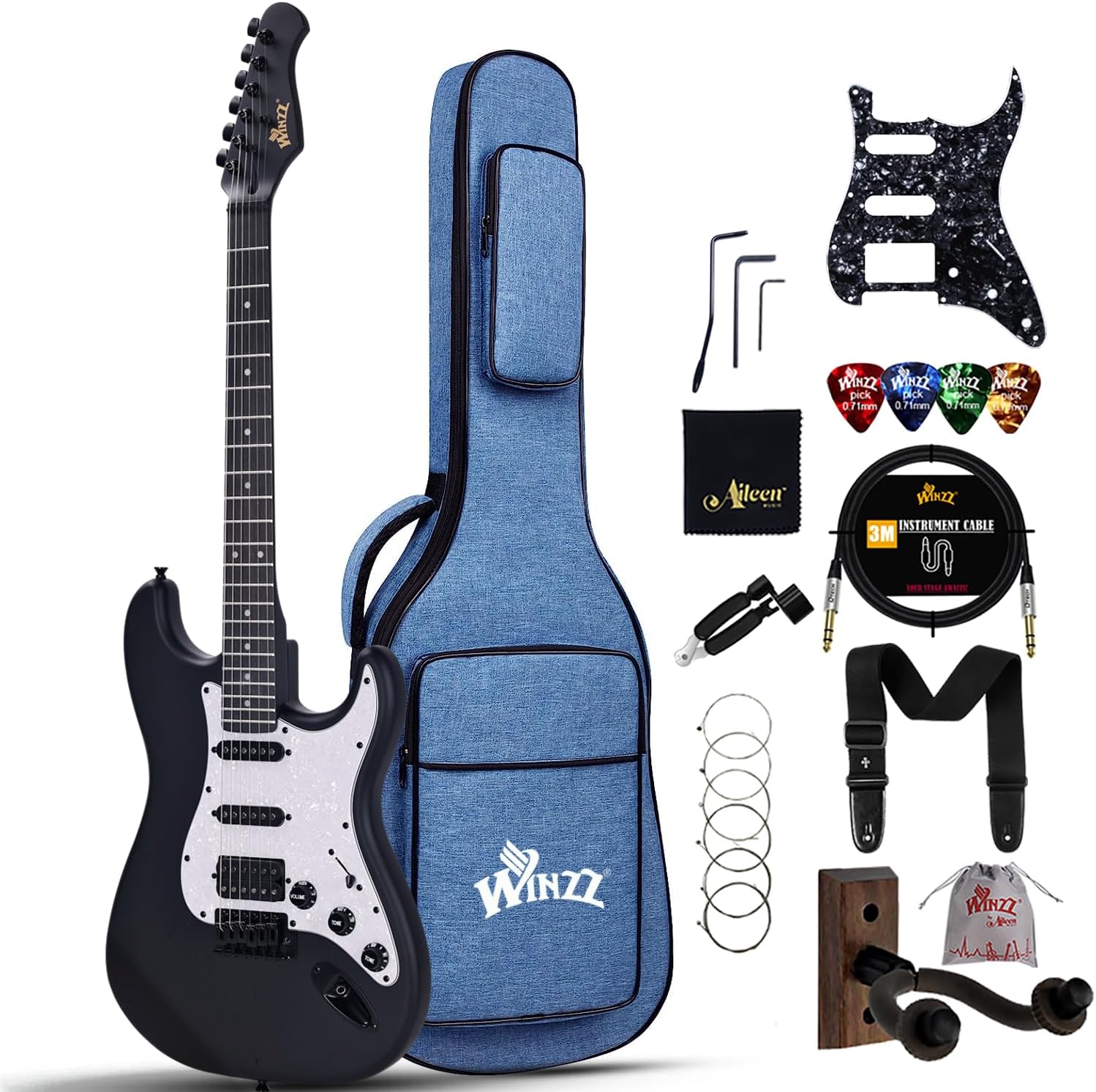 Showcases the complete electric guitar package, including the instrument and all included accessories. Displays all the additional items included with the…