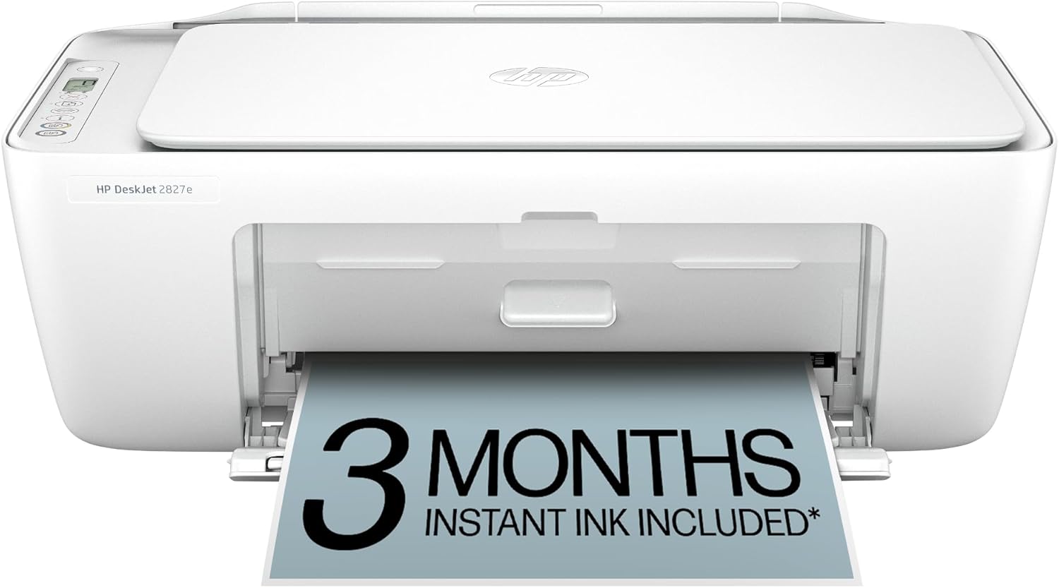 Showcases the printer's sleek, minimalist design and highlights the included 3-month Instant Ink subscription.
