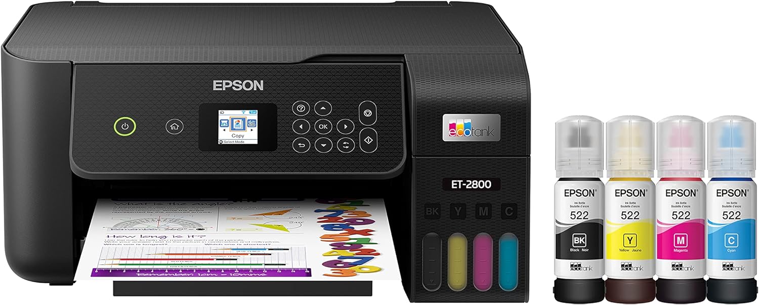 Showcases the Epson ET-2800 printer with its integrated ink tank system, highlighting the product's key features and design. Displays the included ink bottles to emphasize the printer's refillable…