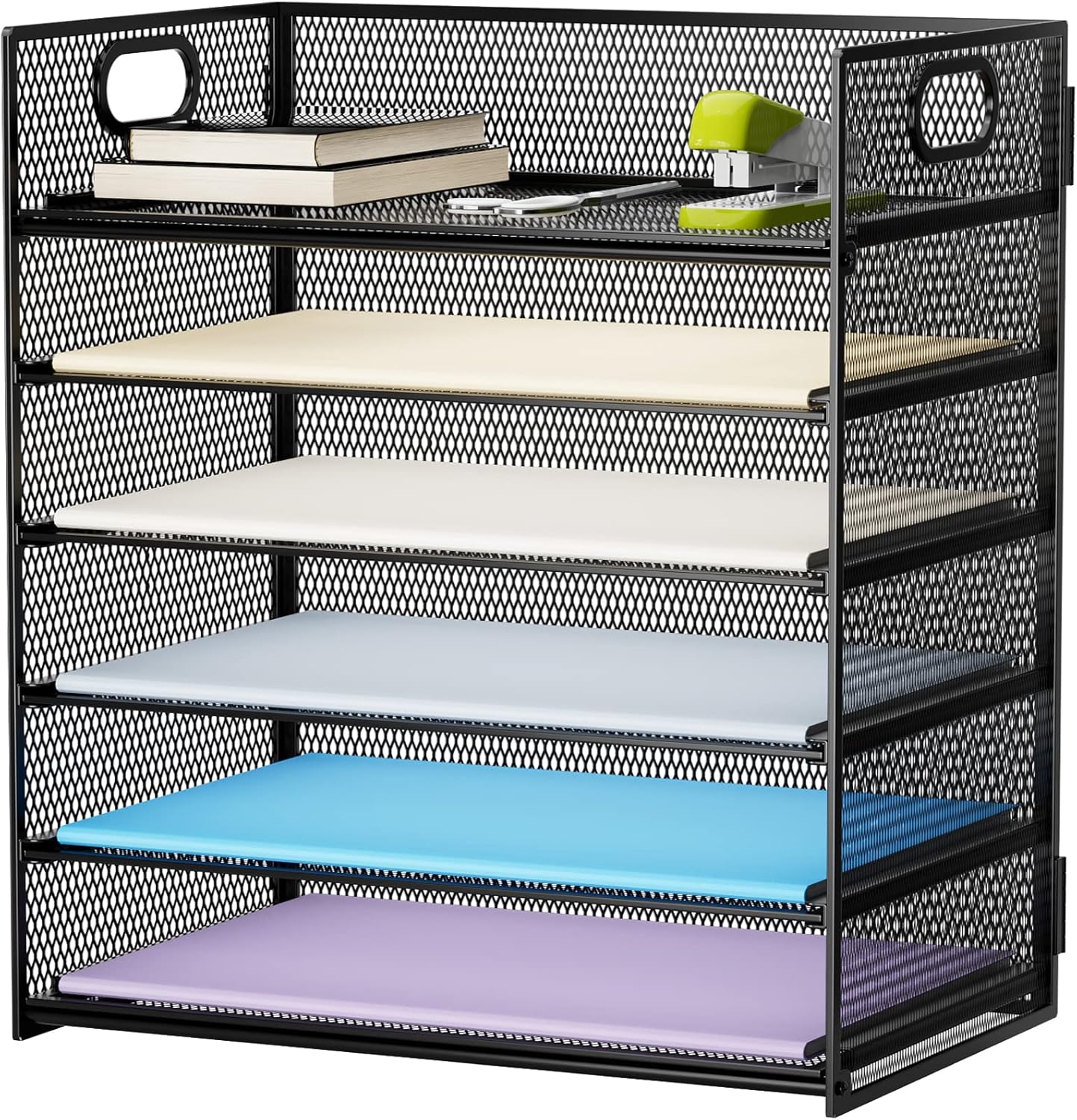 Showcases the product's design and functionality as a multi-tiered desk organizer for efficient document sorting and storage.